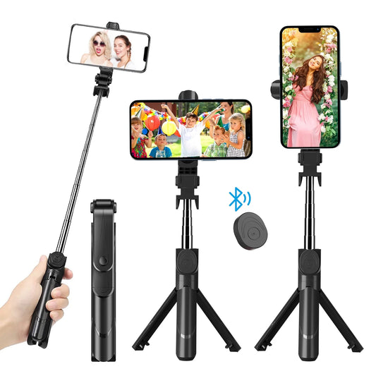 Extendable Bluetooth Selfie Stick Tripod with Wireless Remote Shutter for iPhone and Android Devices - Black